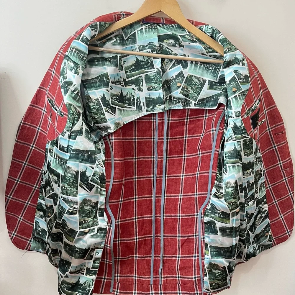 Ted Baker Endurance Linen Windowpane Check Plaid Linen Blazer Red Size 40R - Picture 3 of 13